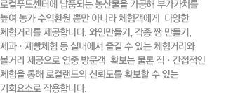 로컬푸드센터에 납품되는 농산물을 가공해 부가가치를 높여 농가 수익환원 뿐만 아니라 체험객에게 다양한 체험거리를 제공합니다. 와인만들기, 각종 쨈 만들기, 제과·제빵체험 등 실내에서 즐길 수 있는 체험거리와 볼거리 제공으로 연중 방문객 확보는 물론 직·간접적인 체험을 통해 로컬랜드의 신뢰도를 확보할 수 있는 기회요소로 작용합니다.